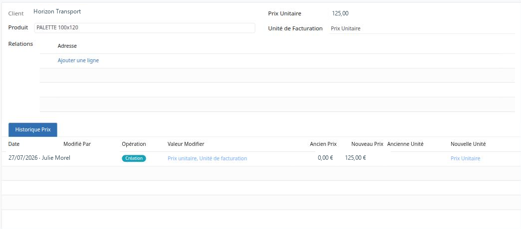 Office : fiche de prix client et historique (capture du tutoriel).